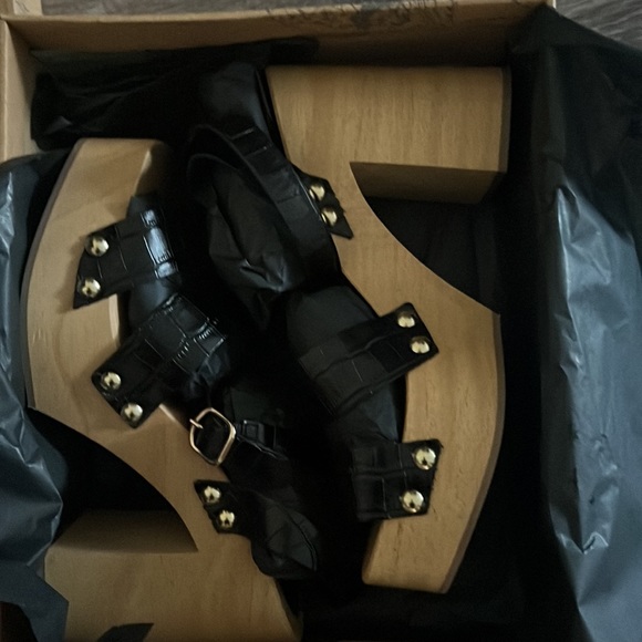 NWT Free People Mallory leather clog sandal heels black tan wood 10 - Picture 5 of 6